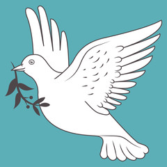 Dove Of Peace. Peace Dove. White Dove In Flight Holding An Olive Branch On Blue Background. Vector Illustration. With Olive Branch. Peace Day.