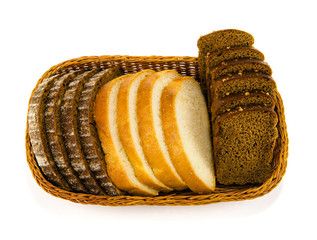 Different kind of bread in wicker isolated on white background