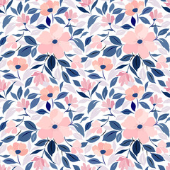 Seamless pattern with floral ornament, pink flowers, blue and light purple leaves leaves.