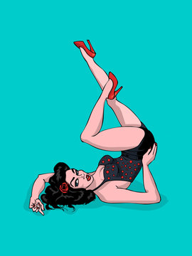 Classic American Pin Up Girl Illustration With Legs Up In The Air And Polka Dot Outfit