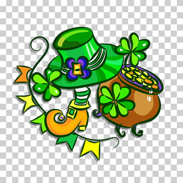 St. Patrick's Day poster - vector composition for Saint Patricks Day Irish spring holiday with Hat, Coins, Garland and Clover Leaf for great luck and happy on transparent background