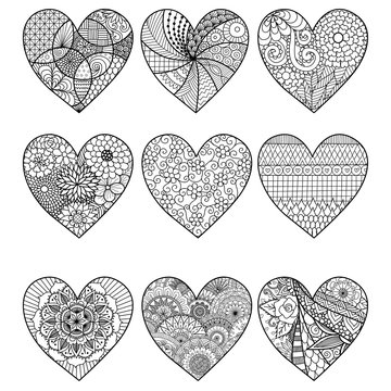 Nine zendoodle heart designs for adult coloring book pages and design element.