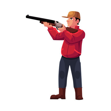 Single hunter aiming at his target with a gun, rifle, cartoon vector illustration isolated on white background. Full length portrait of typical modern hunter in jacket and boots aiming with a gun