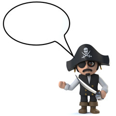 3d Funny pirate captain character with a blank speech balloon