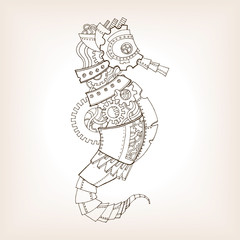 Ancient draft of mechanical sea horse vector