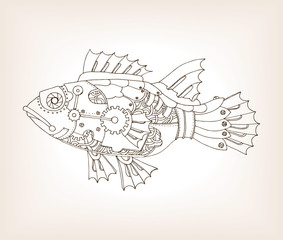 Ancient draft of mechanical fish vector