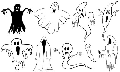Set of different ghosts isolated on white