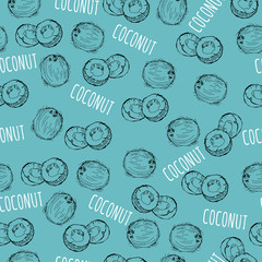 Seamless vector background pattern with isolated hand drawn silhouette of coconut and signature for your design