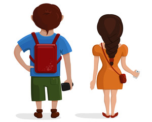 Boy and girl on journey from the back. Rear view of young couple. Backside view of person. Isolated vector illustration of cartoon tourists character on white background.