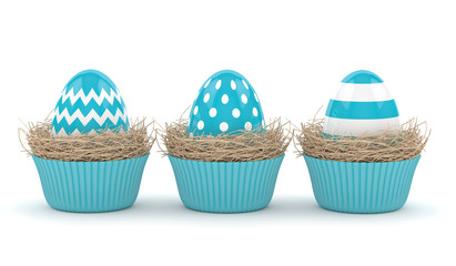 3d rendering of Easter eggs in muffin nests