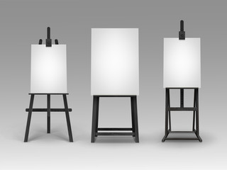 Vector Set of Black Wooden Easels with Mock Up Empty Blank Vertical Canvases on Background