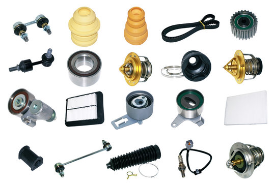 Spare auto parts for car on white background. Set with many isolated items for shop or aftermarket, OEM