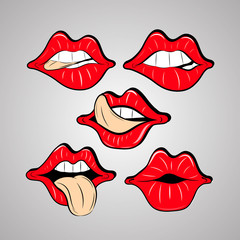 Vector set female red lips in a sketch style.