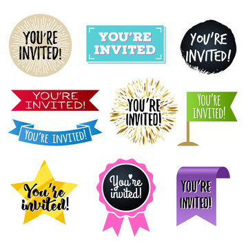 You're invited badges set. Invitation design.
