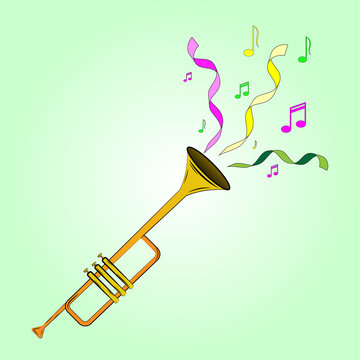 Vector color illustrations cartoon trumpet playing at the masquerade. Multi-colored ribbons and musical notes.