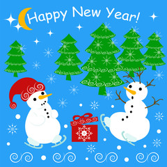 Christmas card with a cheerful snowman, gift and winter forest on a blue background.