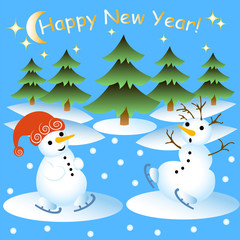 Christmas card with snowmen skating in a winter forest and the congratulatory text.