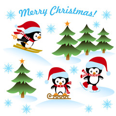 Christmas card with the penguins ice-skating, sledding, skiing, winter background, greeting text.
