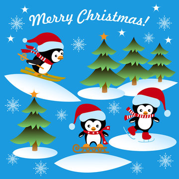 Christmas card with the penguins ice-skating, sledding, skiing, winter background, greeting text