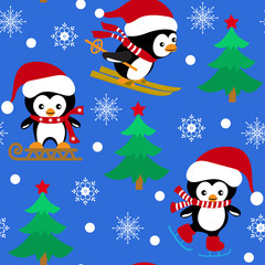 Seamless pattern with Christmas penguins, fur-tree and snowflakes on a blue background.