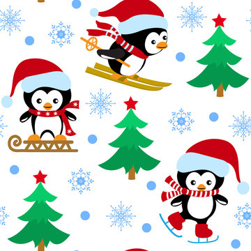 Seamless pattern with Christmas penguins, fur-tree and snowflakes on a white background