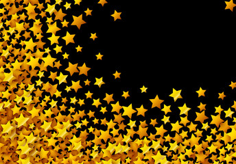 Golden stars glitter scattered on black in celebration card