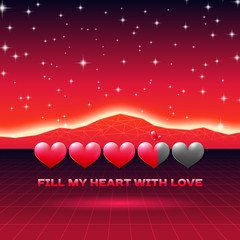 Valentines Day hearts of love themed retro game card with 80s styled neon landscape and life loading status bar