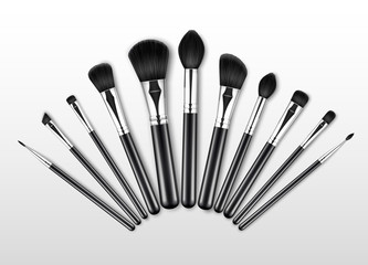 Set of Black Clean Professional Makeup Concealer Powder Blush Eye Shadow Brow Brushes with Black Handles