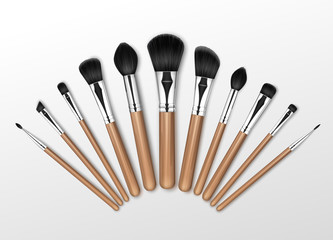 Set of Black Clean Professional Makeup Concealer Powder Blush Eye Shadow Brow Brushes with Wooden Handles on Background