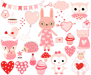 Cute love set of Valentine animals and design elements in pink and red