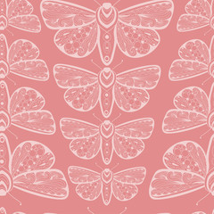 Seamless pattern with moths in zentagle style. Hand drawn vector illustration. Outlined doodle butterfly background.