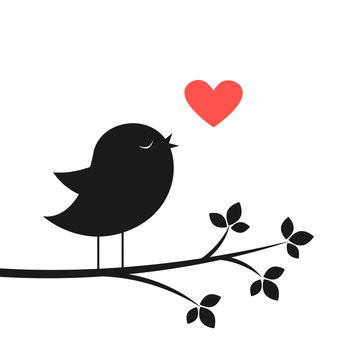 Silhouette of cute bird and red heart