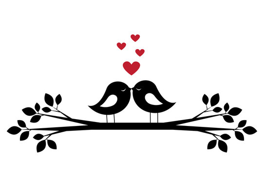 Silhouettes cute birds kiss and red hearts