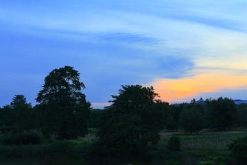 sunset colorful and silhouette woodland,  twilight in nature