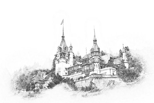 Sketch Of Peles Castle In Carpathian Mountains