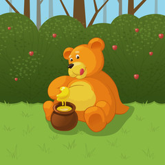 Brown cute bear cub sitting on the grass in the forest near bush with berries, dipping his paw in pot with sweet honey and licking lips