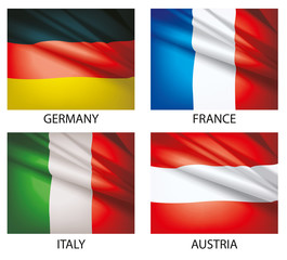 Flags of the world vector. Flags waving in the wind. Set of world flags. Vector illustration. Flag of Germany. Flag of Austria. Flag of France. Flag of Italy.