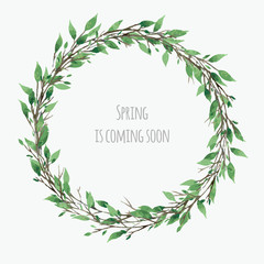 cute spring wreath with green leaves, vector watercolor floral illustration, spring design