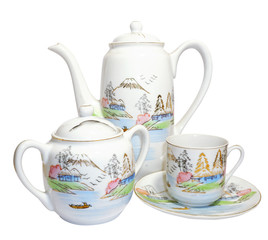 Antique coffee service isolated on white. Beautiful porcelain.

