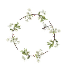 Watercolor wreath of cherry tree branches with dragonfy isolated on white. Background for invitation. Summer illustration. Romantic frame.