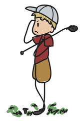 Doodle style cartoon golf player unhappy with his strike