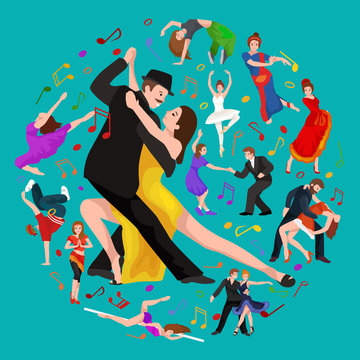 Yong couple man and woman dancing tango with passion,  dancers vector illustration isolated