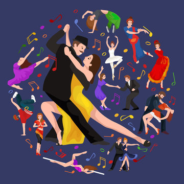 Yong couple man and woman dancing tango with passion,  dancers vector illustration isolated