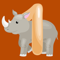 ordinal number 1 for teaching children counting one rhino with the ability to calculate amount animals abc alphabet kindergarten books or elementary school posters collection vector illustration