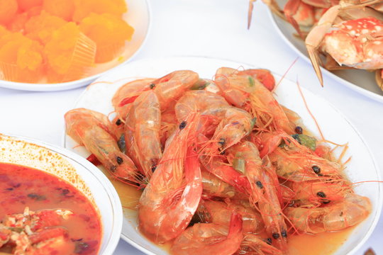 shrimp close up on plate  and food many in home party