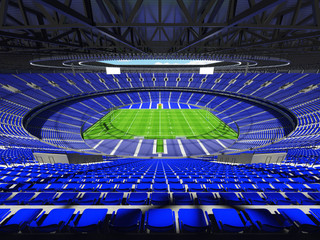 Obraz premium 3D render of a round rugby stadium with blue seats and VIP boxes