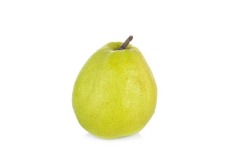 fresh green pear with stem on white background