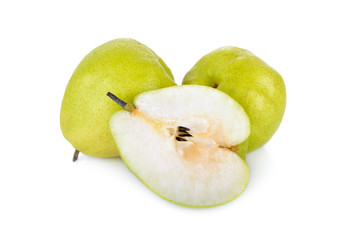 fresh green pear with stem on white background
