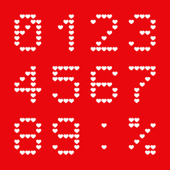 Heart numbers, white isolated on red background, vector illustration.