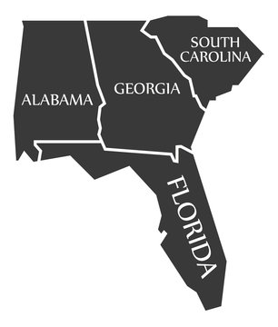 Alabama - Georgia - South Carolina - Florida Map Labelled Black